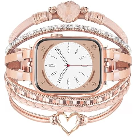 AIRSPO Heart Leather Wrap Bracelets Compatible for Apple Watch Band 38mm 40mm 41mm Women Fashion Handmade Multilayer Wrap Rhinestone Jewelry Boho Apple Watch Strap for iWatch Bands Series Cover