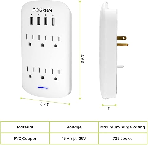 Miniatura 2 de GoGreen Power (GG-16000USB4) - Adaptador de enchufe de pared USB de 6 tomas de corriente de 2.4 amperios con puertos USB y protección contra
