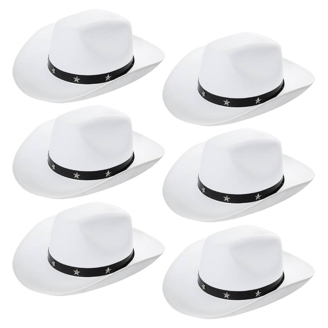 Adults Star Studded Cowboy Hat - Pack of 6 - White Felt Western Style Hat with Decorative Star Studs - Classic Wild West Fancy Dress Costume Accessory for Parties Festivals Cosplay Cowgirl Events