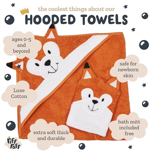 Image of Riff Raff Sweet Fox Hooded Towel - Premium Cotton Baby Towel with Mitt Set - Ultra Soft Machine Washable Cartoon Hooded Baby Towels - Baby Towels with Hood for Newborn Baby, Infants, Toddlers