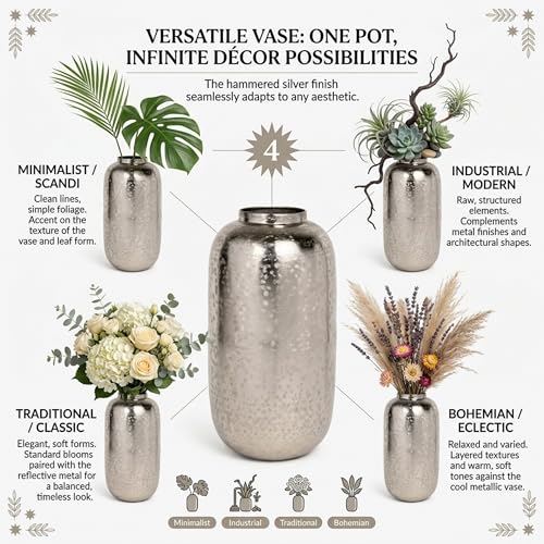 Image of INDIAN DECORMART Flower Vase | Flower Pots for Home Decor, Living Room, Bedroom, Office, Gifting, Colour Silver (IDM22241 | 18x18x34 CM)