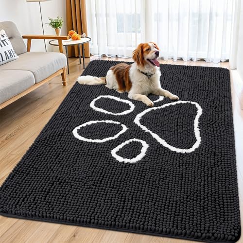 Image of Smiry Dog Door Mat for Muddy Paws, Absorbent Dirt Trapper Non Slip Quick Dry Washable Chenille Mat for Mud Dogs, Entry Rug for Indoor and Outdoor (70x35 Inches, Black and White)