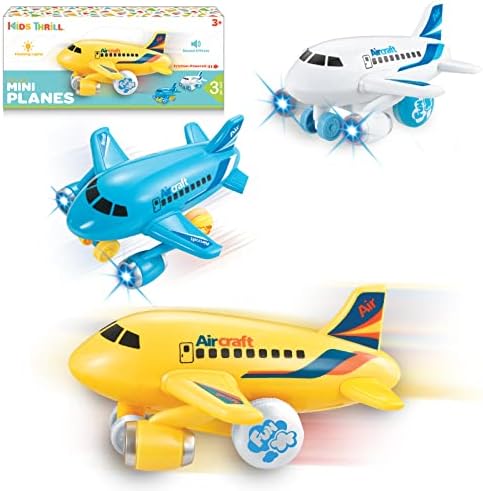 KIDSTHRILL Kids Airplane Toy for Boys & Girls. Set of Three Toy Airplanes with Flashing Lights, Music & Airplane Sound, Push and Go Toy Plane Gift Toys for Toddler Boys for Ages 2-12