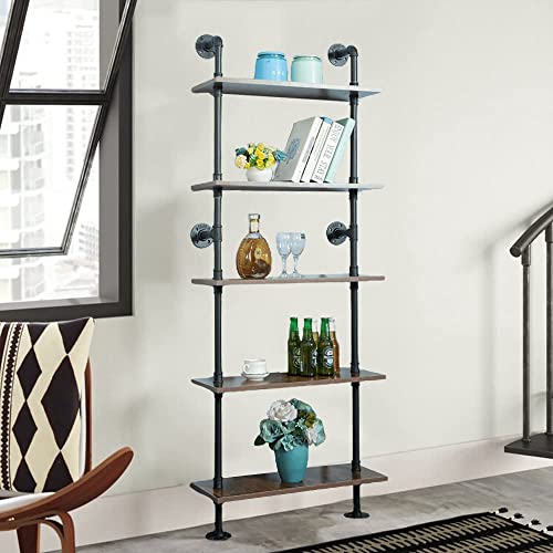 Heoniture 5 Shelf Industrial Pipe Shelving, Black Modern Bookcase Bookshelf, Wall Mount Ladder Shelf With Metal Frame Display Selves #TOP6