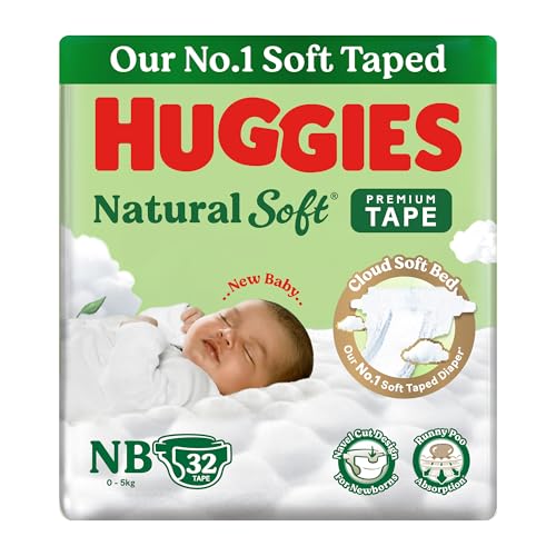 Image of Huggies Natural Soft Premium Tape Diapers Newborn /Extra Small (NB /XS) Size, Upto 5 kgs, 32 Count | Our No.1 Soft Taped Diaper with Cloud Soft Bed, designed for Newborns with Runny Poo Absorption