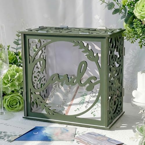 Image of OurWarm Green Wedding Card Box for Receptions, PVC Gift Card Box for Wedding with Acrylic Windows, Envelope Money Gift Box for Anniversary Bridal Baby Showers Graduation Birthday Party