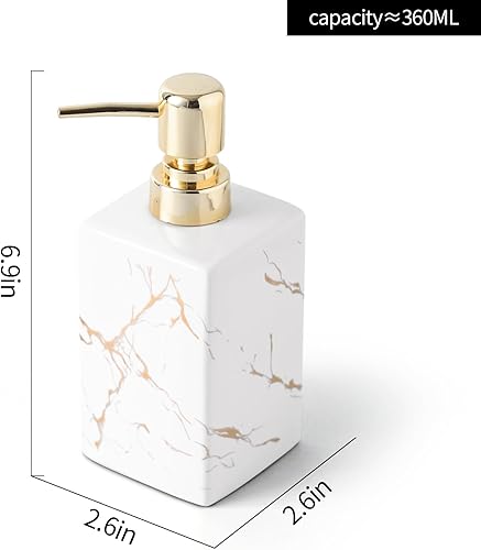 Miniatura 2 de Dispensador de jabón de cerámica de mármol blanco de alta calidad, botella cuadrada recargable de 10 onzas con bomba dorada para baño, cocina,
