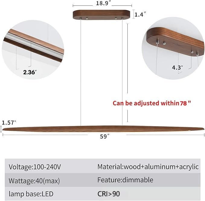 Image of YISDESIGN Wood Linear Pendant Hanging Light Fixture Minimalist Light Linear Chandelier Wood Kitchen Island Lighting 40w Dimmable for Dining Room Dining Table Living Room Pool Table Walnut Color