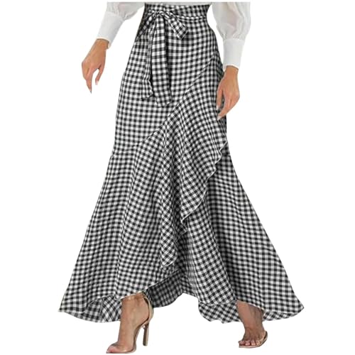 Women Boho High Waist Wrap Skirt Plaid Flowy Skirts Maxi Skirt with Slit Ruffle Hem High Low Skirts Waist Tie Clothes