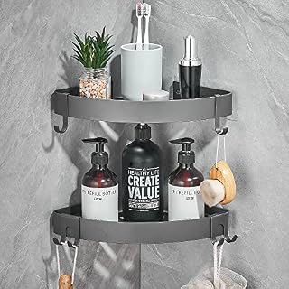 Hoomtaook Shower Shelf No Drilling Shower Shelf Grey 2 Pieces Corner Shelf Bathroom Shelf Storage Organiser Aluminium Wall Mounted Adhesive Rustproof with 4 Hooks Grey