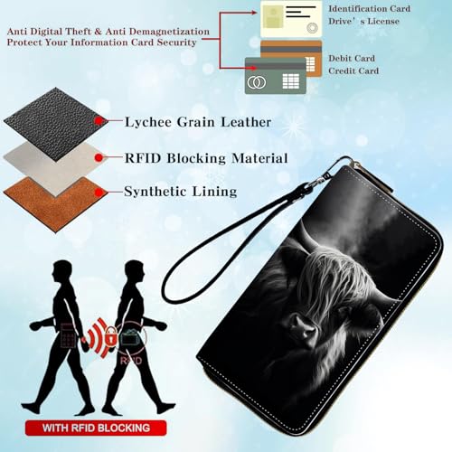 Womens Wallet, PU Leather RFID Cute Wristlet Wallets for Girls Women Ladies Purse Large Credit Card Clutch Purse Card Holder Coin Pocket Travel Wallets with Zipper, Highland Cow Black3