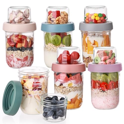 Image of Wells 6 Pack Overnight Oats Containers with Lids, 16 OZ Dual Layer Yogurt Containers with Dry and Wet Separation, Airtight Leak Proof Oatmeal Jar for Chia Pudding, Breakfast, Cereal