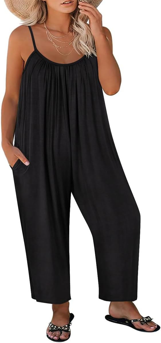 Plus Size Romper For Women Sleeveless Jumpsuits Adjustable Strap Long Wide Leg Pant Side Pocket Dressy Flowy XL-5XL