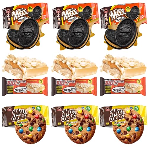 Pack 3x Crema Conguitos Blackmax 100g + 3x Max Cookie Lacasitos 100g + 3x Barrita Proteica White – Dulce, proteico y variado