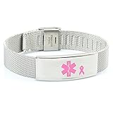 Products for Better Living Breast Cancer No Needle or BP on Left Arm Medical ID Alert Bracelet Adjustable Stainless Steel Mesh