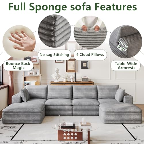 Image of 134 inch Cloud Couch Modular Sectional Sofa for Living Room, U-Shape Boneless Couch with Deep Seat, Modern Corduroy 4-Seater with Ottoman, No Assembly Required, Light Grey