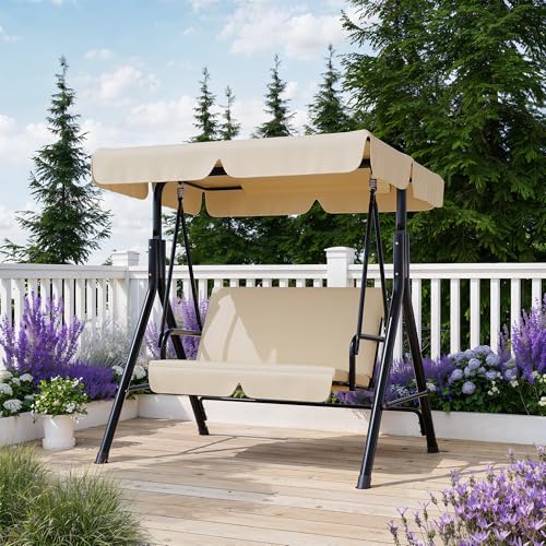 Image of Garvee Outdoor Porch Swing with Adjustable Canopy, 3-Seat Patio Swing Chair with Stand, Heavy Duty Outdoor Swing for Adults, Metal Frame Patio Swing for Garden, Backyard & Poolside,Khika