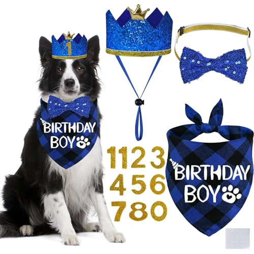 STMK Dog Birthday Party Supplies, Multi Size Dog Birthday Hat with Numbers Bandana Bow Tie for Large Extra Large Dogs Pets (Blue, X-Large)