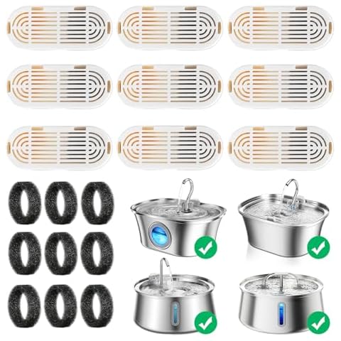 Replacement Filters for HICC PULE 108oz/3.2L Stainless Steel Cat Water Fountain, Ultra-Quiet Cat Water Fountain Dog Water Dispenser 9 Packs Filters & 9 Sponges Foam Filters Cover