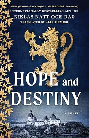 Hope and Destiny by Niklas Natt Och Dag, depicting a gold lion holding an axe and gold leaf accents along the left side above a blue sky and an illustrated coastal castle landscape.