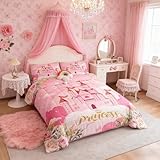Manfei Kids Princess Comforter Set Bed in a Bag Twin Size 2 Piece Soft Cute Castle Bedding Set for Girls (1 Comforter, 1 Pillowcases), Pink