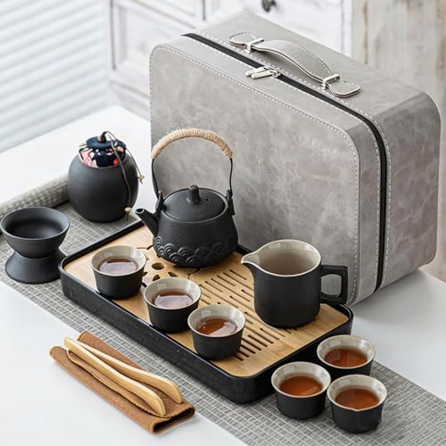 KAPEICamper Japanese Tea Set, Chinese Tea Set, Travel Tea Sets for Adults, Ceramic Gongfu Tea Set, 14-Piece Porcelain Tea Set Withgrey Leather Case, Portable Asian Tea Gift Sets, Home (Black)