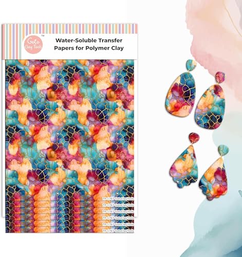 GOTO CLAY TOOLS Transfer Paper for Polymer Clay Earrings, 6 Pcs Colorful Stained Glass Water Soluble Transfer Sheet, Bright Colors Even After Baking, No Cracking, 4 x 5.5 inches | TPUS-1767