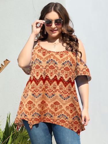 Image of LARACE Cold Shoulder Tops for Womens Summer Clothes Spaghetti Strape Tunic Oversized Shirts Asymmetrical Plus Size Blouse