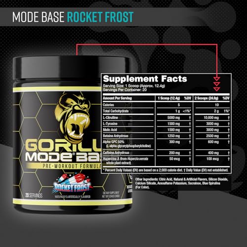 Image of Gorilla Mode Base Pre Workout - Raises Nitric Oxide . Intense Focus & Drive . Endurance . Power - L-Citrulline, L-Tyrosine, Betaine, Alpha-GPC, Caffeine, Huperzine A - 248 Grams (Rocket Frost)