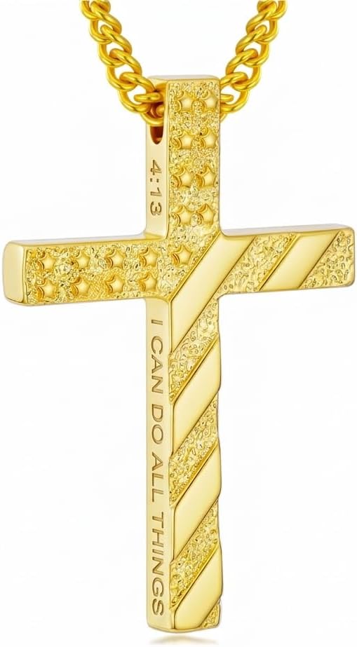 Gold American flag Cross Necklace for Men 18K Gold Cross Pendant with Bible Verse Minimalist Cross Christian Jewelry Religious Gifts(with Gift Box)