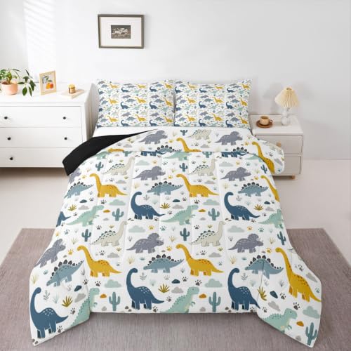 Image of Feelyou Dinosaur Kids Comforter Set Full Size 3D Dino Print Bedding Set Jungle Dino Duvet Quilt for Kids Boys Girls Bedroom Wild Animal Decor Microfiber Ultra Soft Breathable
