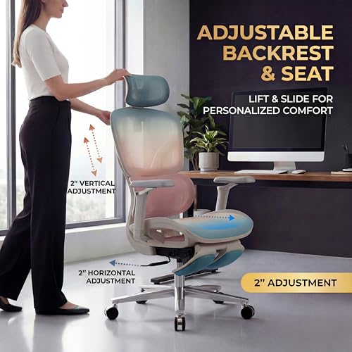 Image of Ergonomic Office Chair with Footrest & Massage Lumbar Support - Adjustable Seat Depth & Back Height Reclining Big and Tall 400LBS Mesh Chair, 4D Headrest & 6D Armrests, for Home Office(Gray Rainbow)