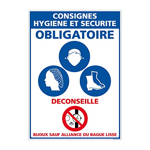 Panneau Consignes Hygiène et Sécurité. EPI obligatoires. Panneaux d'obligation. Autocollant, PVC ou Alu, au choix - 150 x 210 mm - Adhésif - Adhésif -