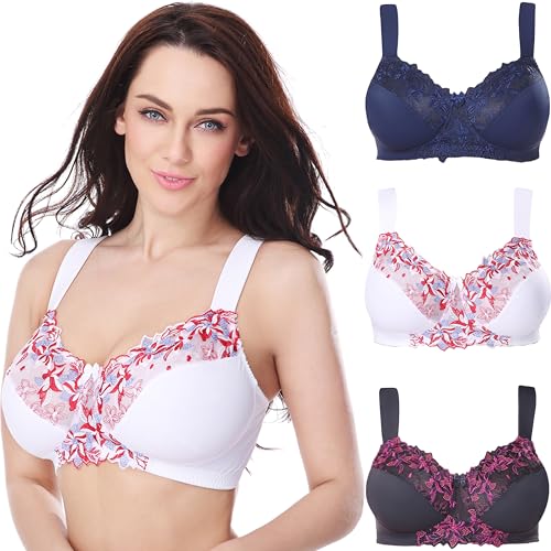 Image of Curve Muse Plus Size Minimizer Unlined Wireless Bra with Lace Embroidery-3Pack