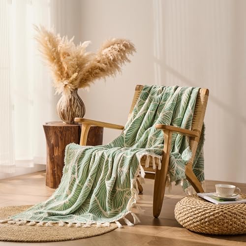 DOWN HOME Chenille Cotton Throw Blanket for Couch, Lightweight Boho Blanket for Bed Sofa Chair Living Room Outdoor Soft Woven Decorative Blanket with Tassel Gift Green Leaves 55'x60'
