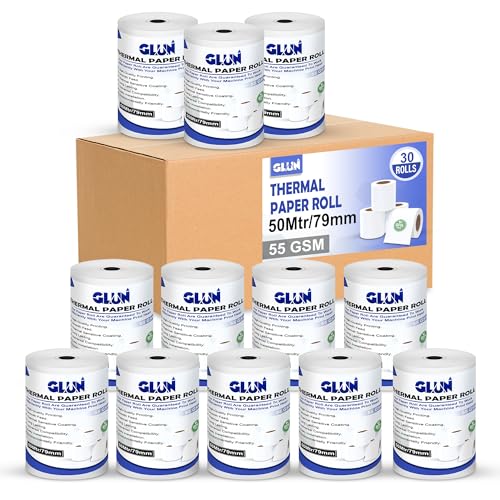 Image of GLUN POS Receipt Thermal Paper Rolls, Pack of 30 Rolls 79mm(3 inch) x 50 Meter Size, Smudge & Jam-Free Thermal Rolls for Cash Billings