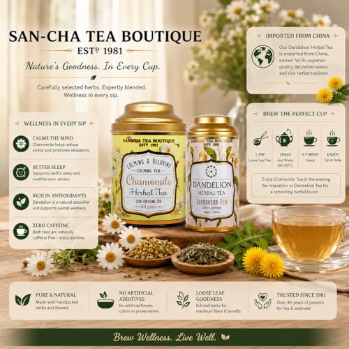 Image of Sancha Tea Boutique, Combo Pack: Chamomile (50g) & Dandelion (50g), Caffeine-Free Herbal Tisanes, Calming Floral & Roasted Infusions