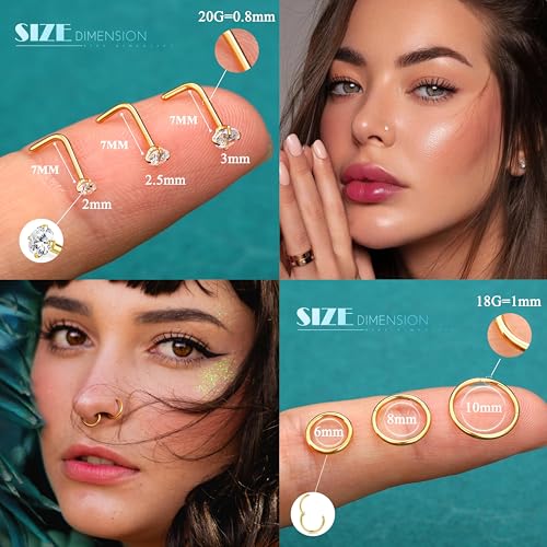 18G Nose Rings Hoops and 20G Nose Studs for Women Men -Hypoallergenic 316L Surgical Stainless Steel Clicker Hinged Segment Ball CZ Simulated Diamond Nostril Piercings Jewelry 15Pcs4