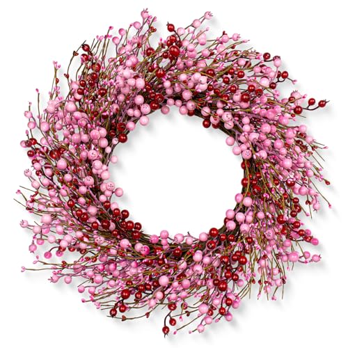 LLZLL Valentine's Day Wreath - 22 Inch Artificial Door Wreath with Pink and Red Berries for Anniversary and Wedding Decor
