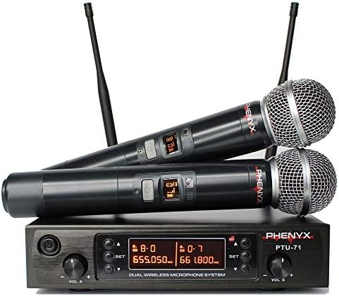 Phenyx Pro Dual UHF Wireless Microphone System, Cordless Mics With 250ft Long Range Professional Performance, 80 Channels, Rugged Metal Built With 16 Hours Battery Life (UHF Wireless Microphone)