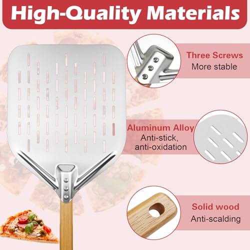 Pizzaschieber Perforiert, Silbrig 12 Zoll Pizzaschieber 39,5 * 30 cm, Pizza Schieber Aluminiumlegierung Pizzaschaufel, Profi Pizzaschaufel mit Großer Fläche & Abnehmbaren 2