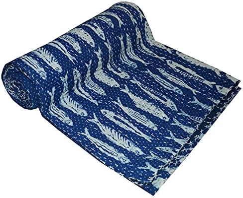 MAVISS HOMES Indian Hand Block Print Kantha Quilt Queen Size Quilt Kantha Bedspread White Quilt Cotton Kantha Throw Bedding (Blue 2 - Image 3