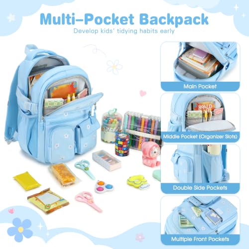 Image of DIGOBAY Backpack for Girls 6-8, 3PCS Embroidery Toddler Girls Backpack with Lunch Bag Pencil Case, 15.7 inch Kids School Bookbag for Preschool Kindergarten Elementary Daycare Backpacks, BLue Flower
