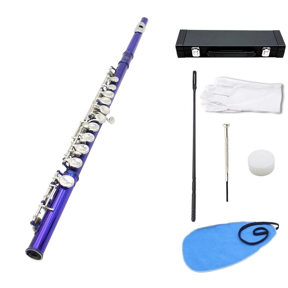 Flauta azul de 16 orificios, tecla C, cuerpo de tubo de cobre blanco, orificio de sonido técnico de dibujo en frío, multicolor opcional, adecuado for principiantes, caja de almacenamiento de cuero y j