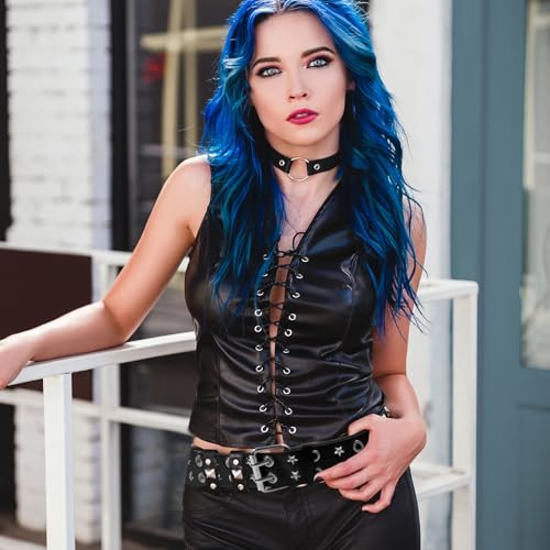 Black Studded Belt, 3 Pcs Y2K Belt Star Goth Punk Rock Double Grommet with Bright Pyramid Studded for Women Men4