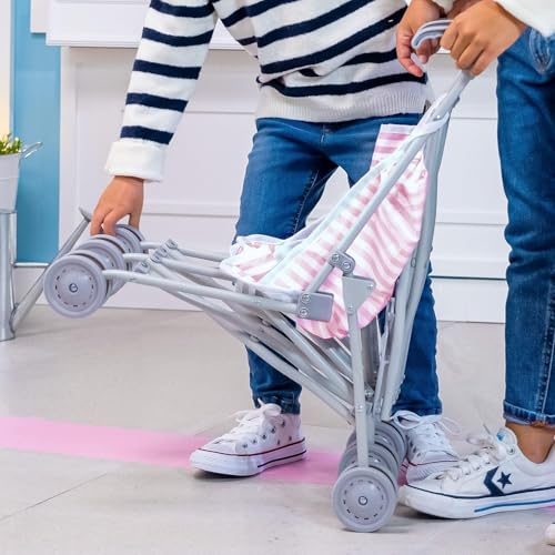 Image of JC Toys Boutique | Twin Folding Umbrella Doll Stroller for Children 2 Years Plus, Pink Stripes and Soft Embroidery | Sturdy Metal Frame | Pretend Play with Dolls up to 18 inch Long | Seat Belts