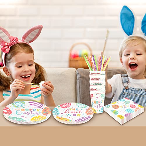 Easter Plates And Napkins Set Decorations, Disposable Eggs Design Party Paper Tableware For 24 Guests, 120 Pcs Include 9” 7” Plates, Napkins, Cups, Straws Picnic Supplies #TOP4
