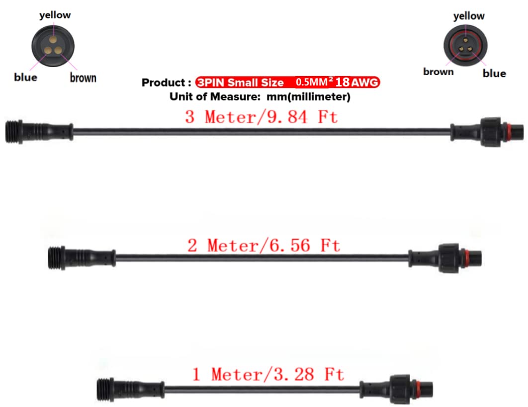2PCS 3Pin 18AWG IP67 Extension Cable Wire with Male and Female Connectors at Both Ends for Single Color WS2811 WS2812B etc LED Strip (9.84ft Big Size, 3 PIN)