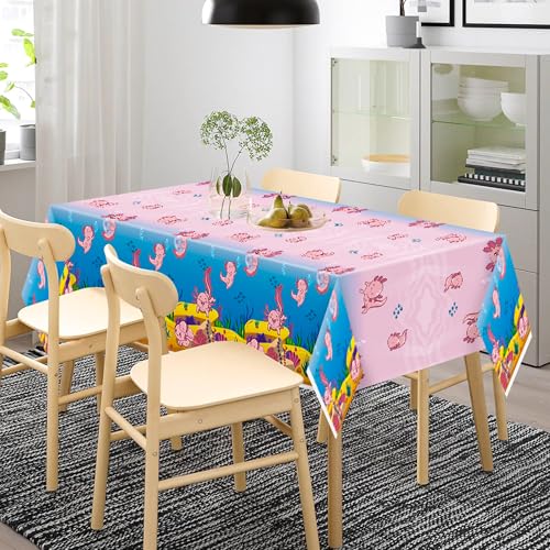 Image of Axolotl Plastic Table Cover - 3 Packs(54x108 Inch) Pink Axolotl Disposable Rectangle Plastic Tablecloth Birthday Theme Party Decoration Decor Supplies Table Cloth Giant Coloring Baby Shower