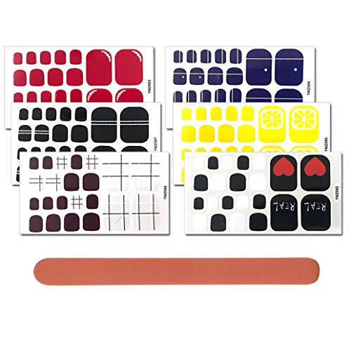WOKOTO 6 Sheets Self-Adhesive Toe Nail Art Decals And Stickers Solid Cute Grid Pattern Toenail Polish Strips Stickers Set With 1Pc Nail File For Women Girls